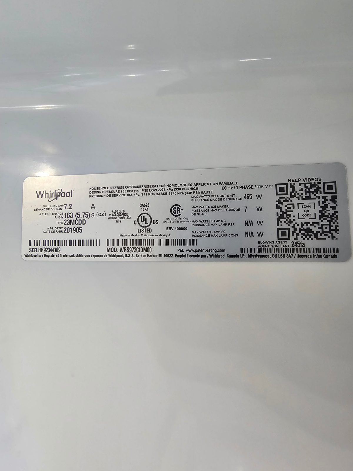 Whirlpool Side-by-Side Refrigerator - Fair - 2019 - Lucas, TX, photo 3 of 3
