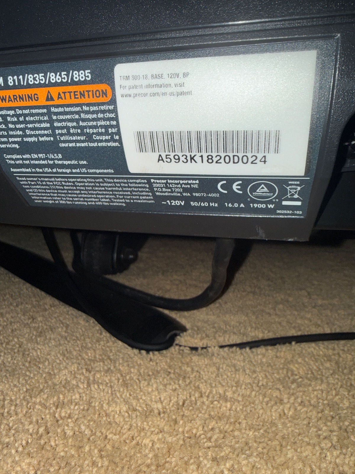 Precor TRM 800-Series Treadmill, Includes Mat - Good - 2021 - Bonney Lake, WA, photo 4 of 4
