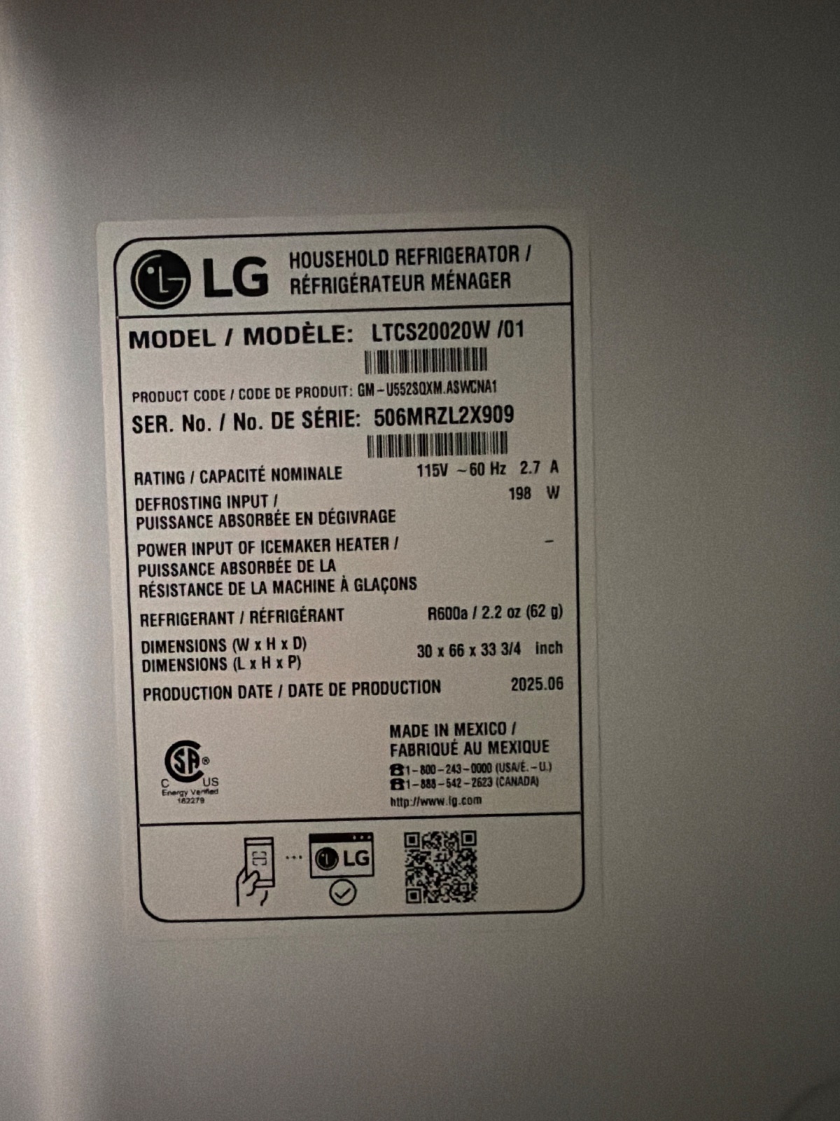 LG 20.2 Cu Ft Top Freezer Refrigerator - Like New - 2025 - Queens, NY, photo 7 of 7