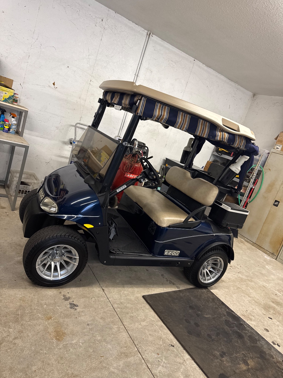 EZ-GO Golf Cart Navy Blue Beige Seats Striped Canopy - Like New – Ocala, FL, photo 2 of 9