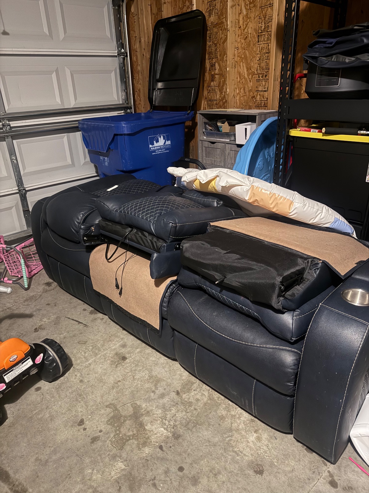 Navy Blue Reclining Couch with Led Lights and Foldable Middle Seat Table. - Good - Raleigh, NC, photo 2 of 4