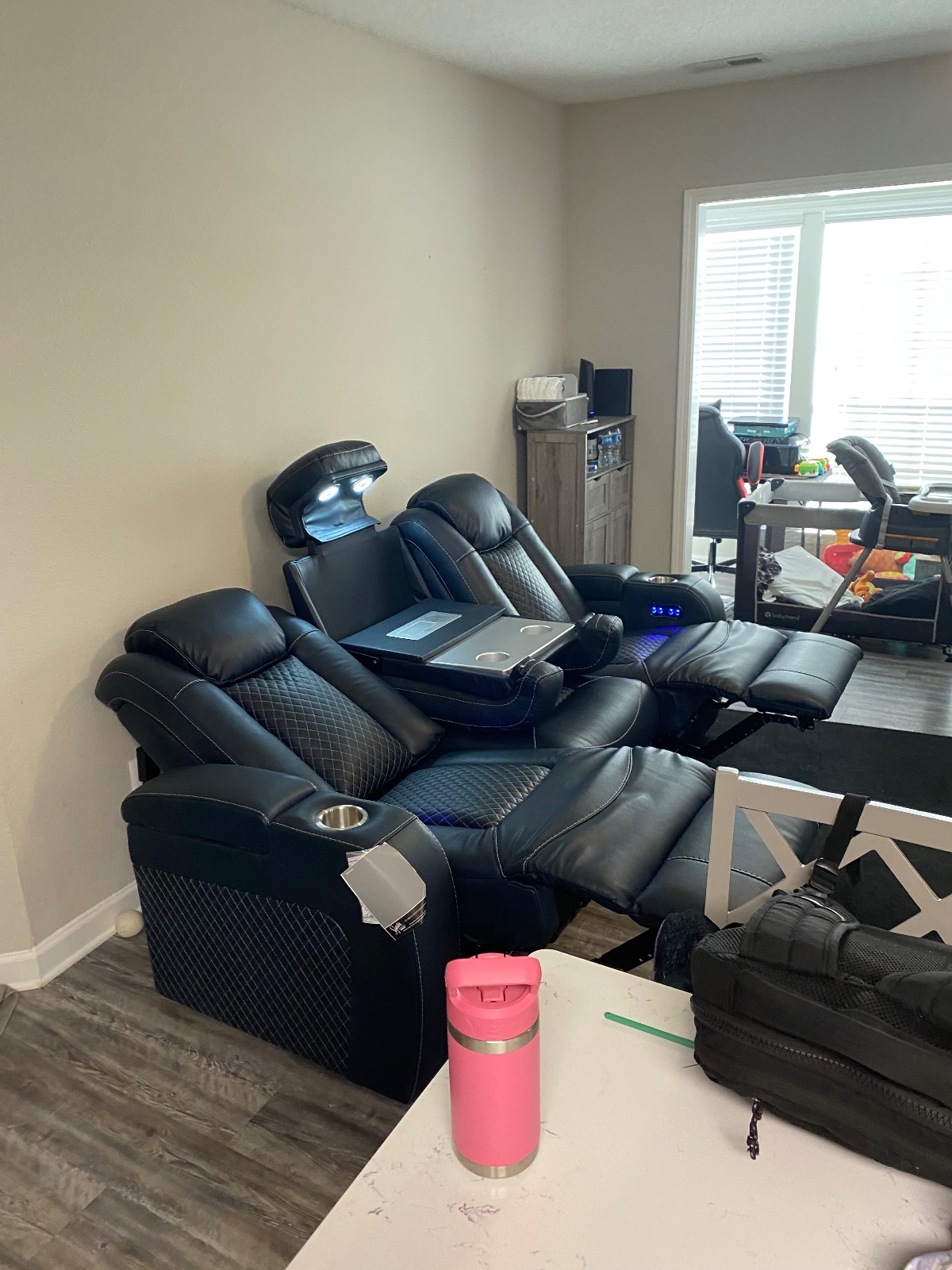 Navy Blue Reclining Couch with Led Lights and Foldable Middle Seat Table. - Good - Raleigh, NC, photo 4 of 4