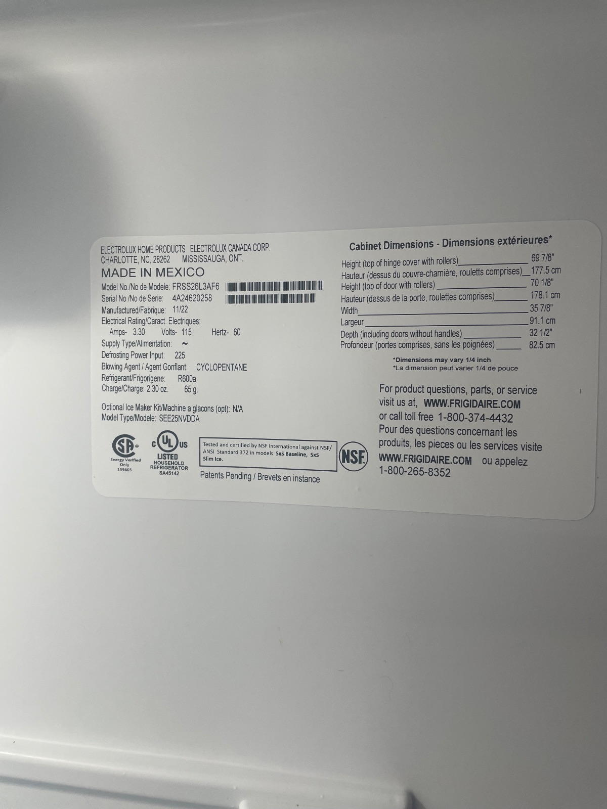 Frigidaire Side-by-Side Refrigerator, Stainless Steel - Excellent - 2022 – Decatur, GA, photo 3 of 12