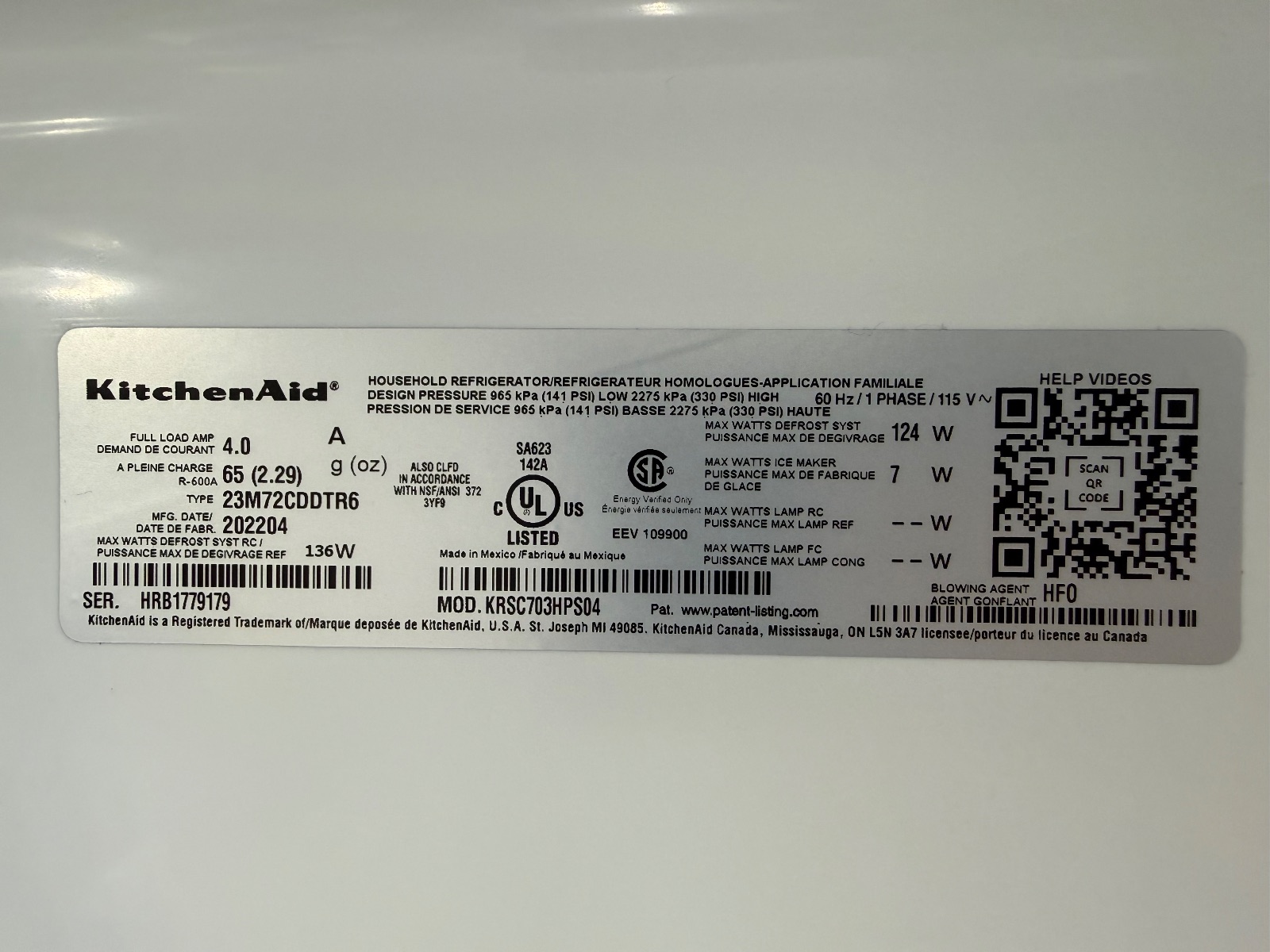 KitchenAid Side-by-Side Refrigerator, 20.8 Cu Ft - Good - 2022 – Chicago, IL, photo 6 of 6