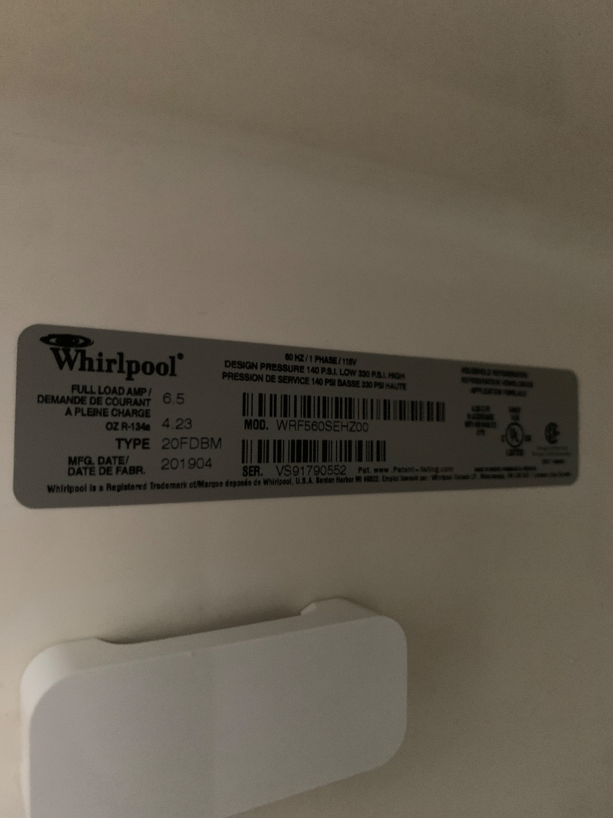 Whirlpool Side-by-Side Refrigerator, Stainless Steel - Good - 2019 – The Bronx, NY, photo 3 of 3