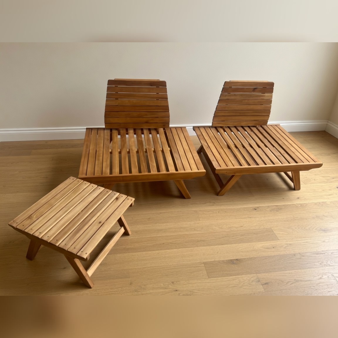 AllModern Acacia Patio Set, Two Lounge Chairs and Table - New - Inglewood, CA