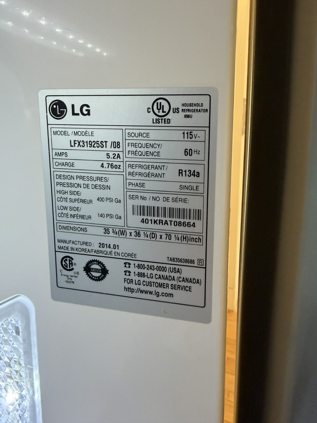 LG LFX31925ST Refrigerator, Stainless Steel - Fair - 2014 – Chicago, IL, photo 2 of 5