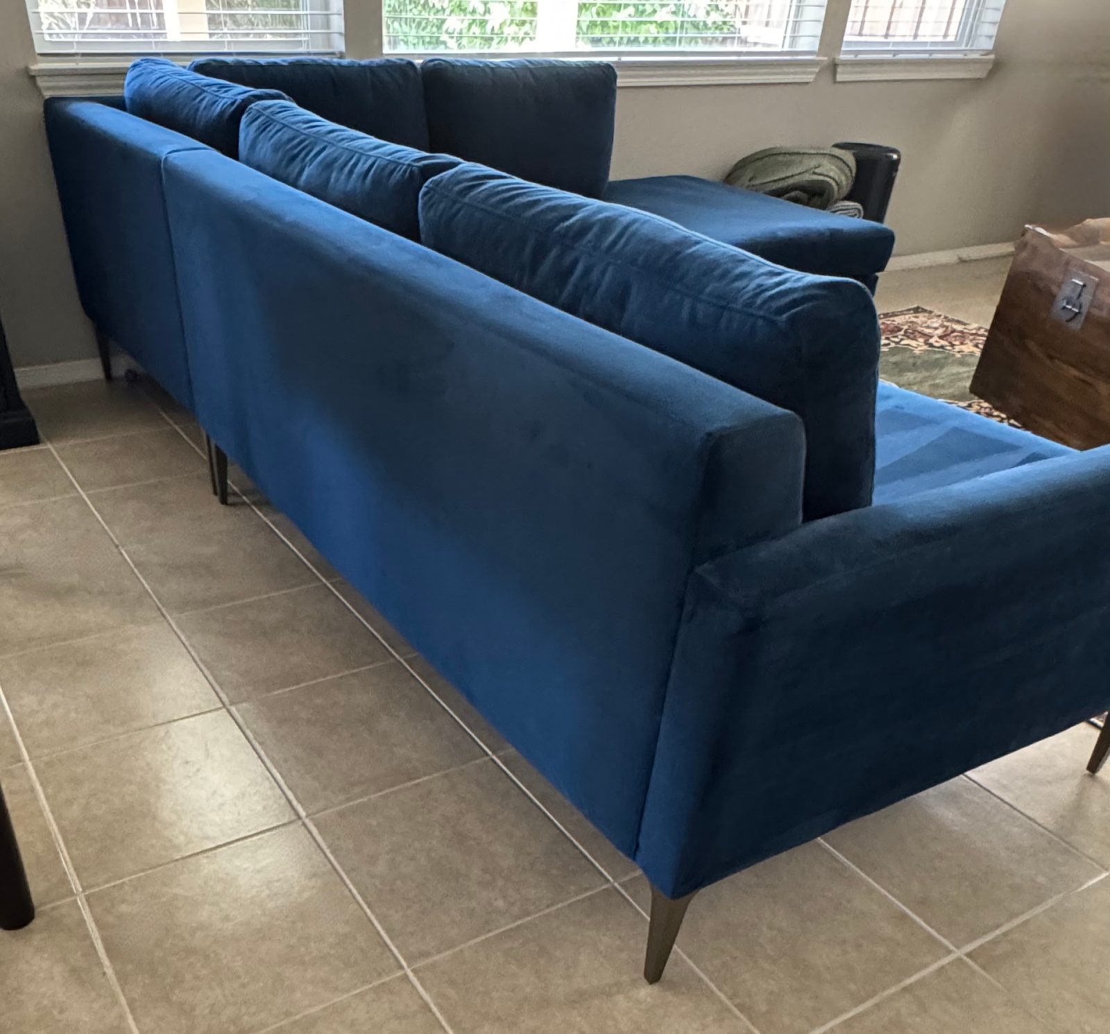 West Elm Andes Sectional, Ink Blue Velvet, Left 2.5-Seater + Chaise - Good – Riverside County, CA, photo 3 of 4