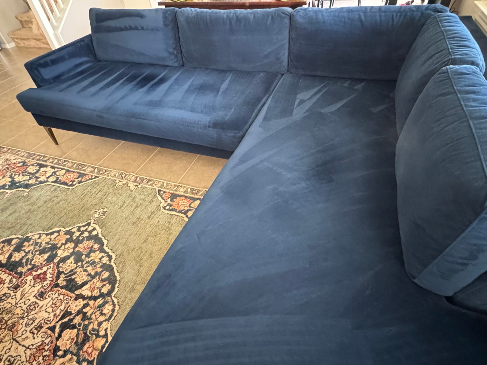 West Elm Andes Sectional, Ink Blue Velvet, Left 2.5-Seater + Chaise - Good – Riverside County, CA, photo 4 of 4