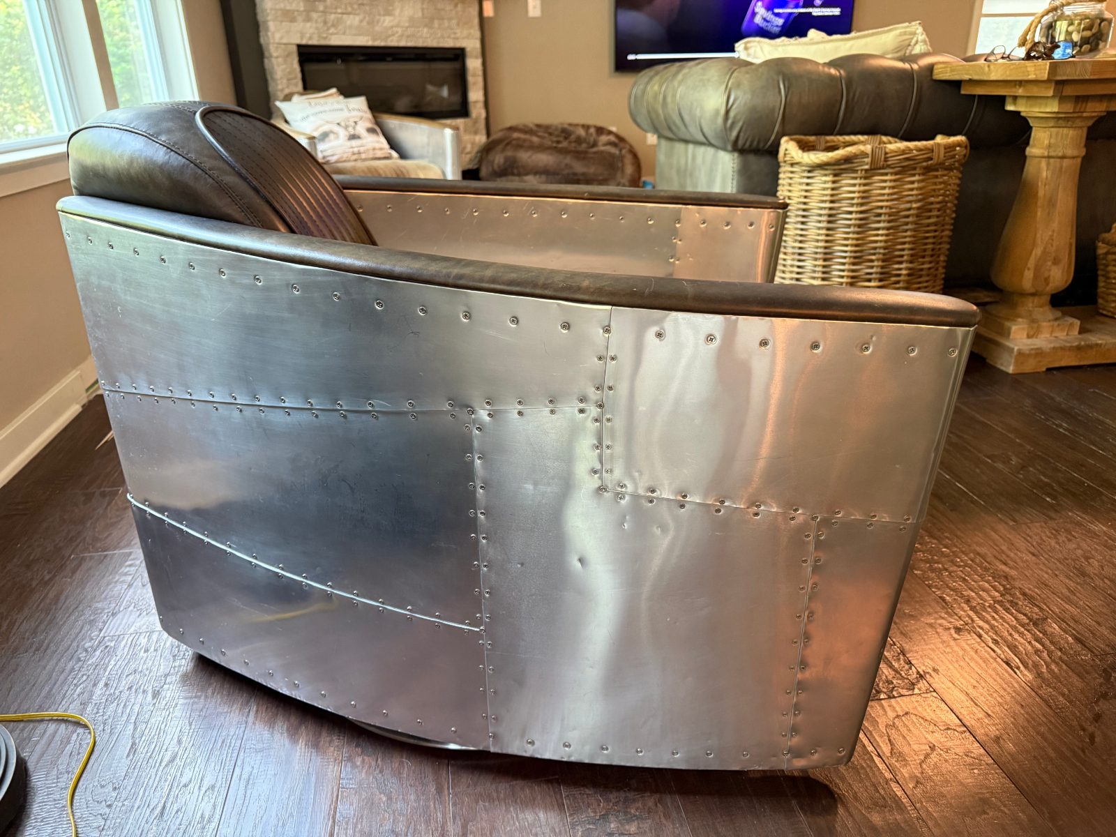 Restoration Hardware Aviator Chair and Rare Ottoman, Distressed Ebony Leather - Like New - Tega Cay, SC, photo 8 of 12