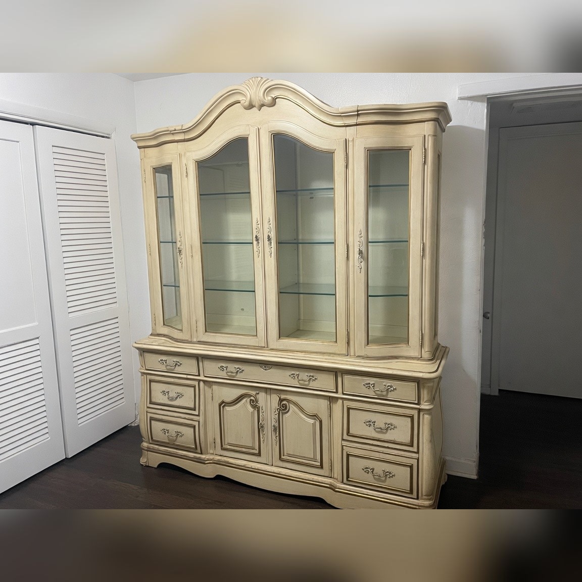 China Cabinet, Beige Wood Glass, 61W 81H, 8 Drawers 6 Shelves - Fair - Dallas, TX