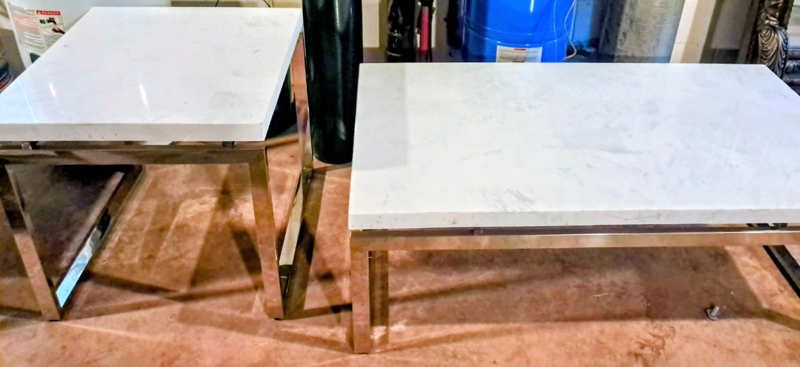Rooms To Go White Marble Chrome Coffee and End Table Set - Good - Newton, NC, photo 2 of 4