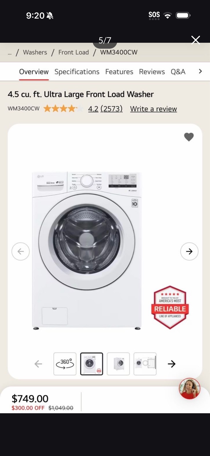 LG WM3400CW Washer Dryer Set, Stacked Front Load - Like New - 2024 – Chino, CA, photo 5 of 7