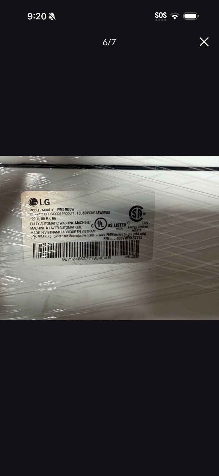 LG WM3400CW Washer Dryer Set, Stacked Front Load - Like New - 2024 – Chino, CA, photo 6 of 7
