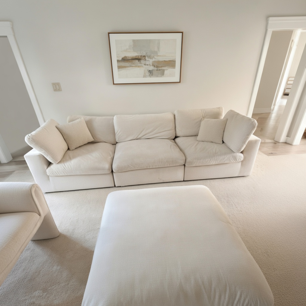 HD Buttercup Cream Velvet Couch with Ottoman, Deep-seat 3-seater, Cloud Style - Like New - West Hollywood, CA
