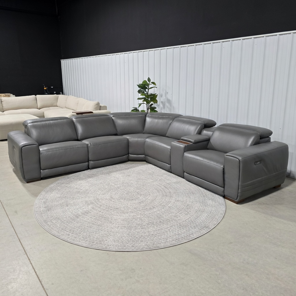 Karson Leather Power CloudZero Reclining Sectional with Power Headrests, Gray - Like New - Pendleton, SC