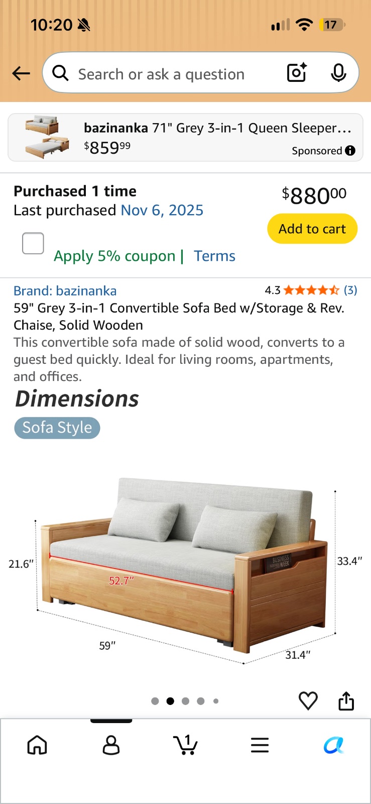 Grey Sleeper Sofa, Solid Wood Frame with Storage - Like New – Rochester, NY, photo 2 of 7