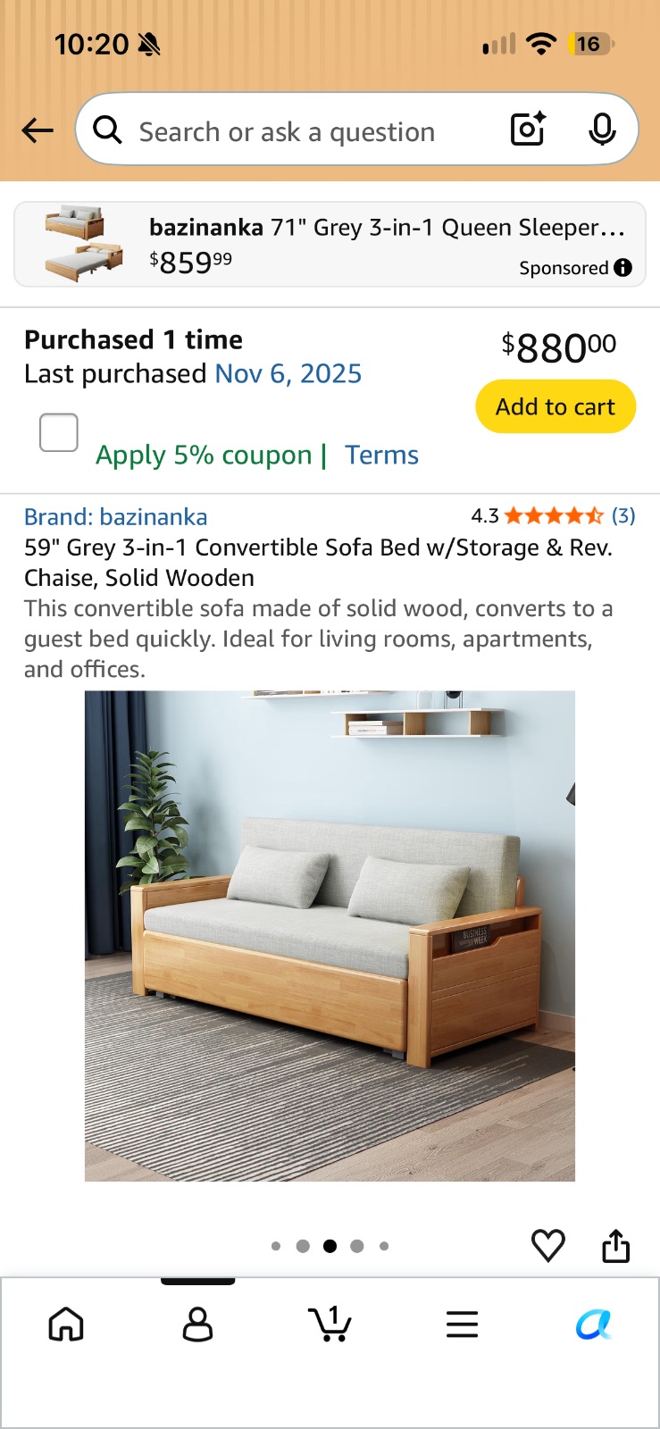 Grey Sleeper Sofa, Solid Wood Frame with Storage - Like New – Rochester, NY, photo 3 of 7