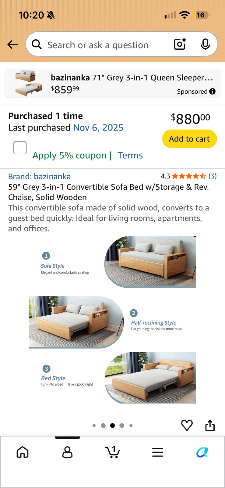 Grey Sleeper Sofa, Solid Wood Frame with Storage - Like New – Rochester, NY, photo 4 of 7