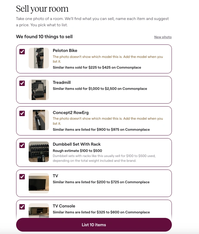 Checklist after a Sell Your Room scan. Ten items are checked, including a NordicTrack treadmill and an UPLIFT standing desk. Notes flag when the photo does not show the model. The button says List 10 items, and the total is about $5,515.