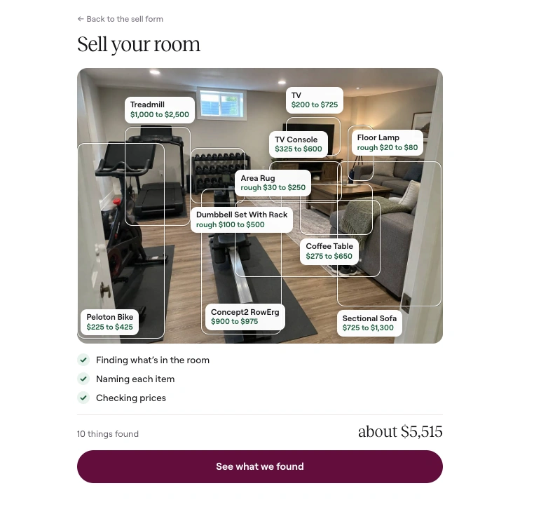 Sell Your Room scan of a home office and gym corner. Price tags sit on ten items, including a NordicTrack treadmill and an UPLIFT standing desk. The total reads about $5,515.